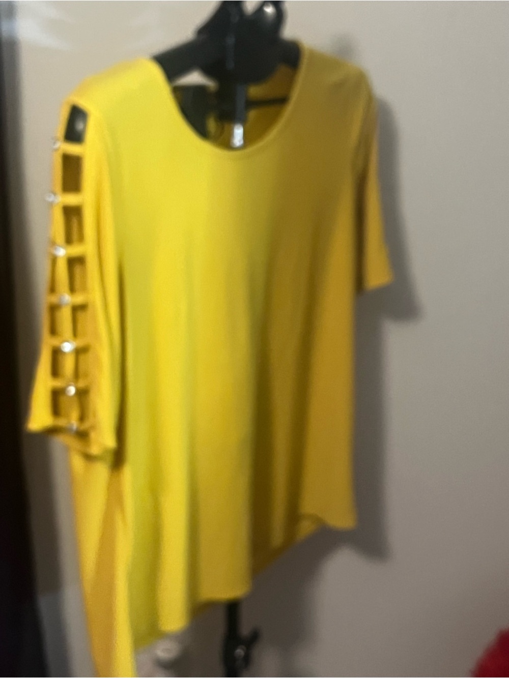 Women’s Yellow Short Sleeve Top with Ladder Sleeve Detail with Rhinestones
